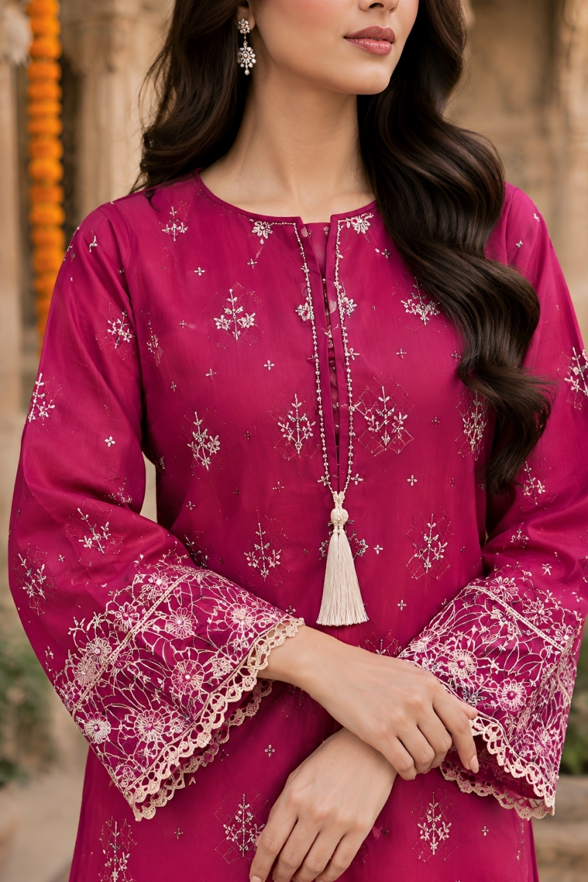 Heritage Fuchsia – White Chikan Embroidered 2-Piece Stitched Suit | Hala.S Clothing