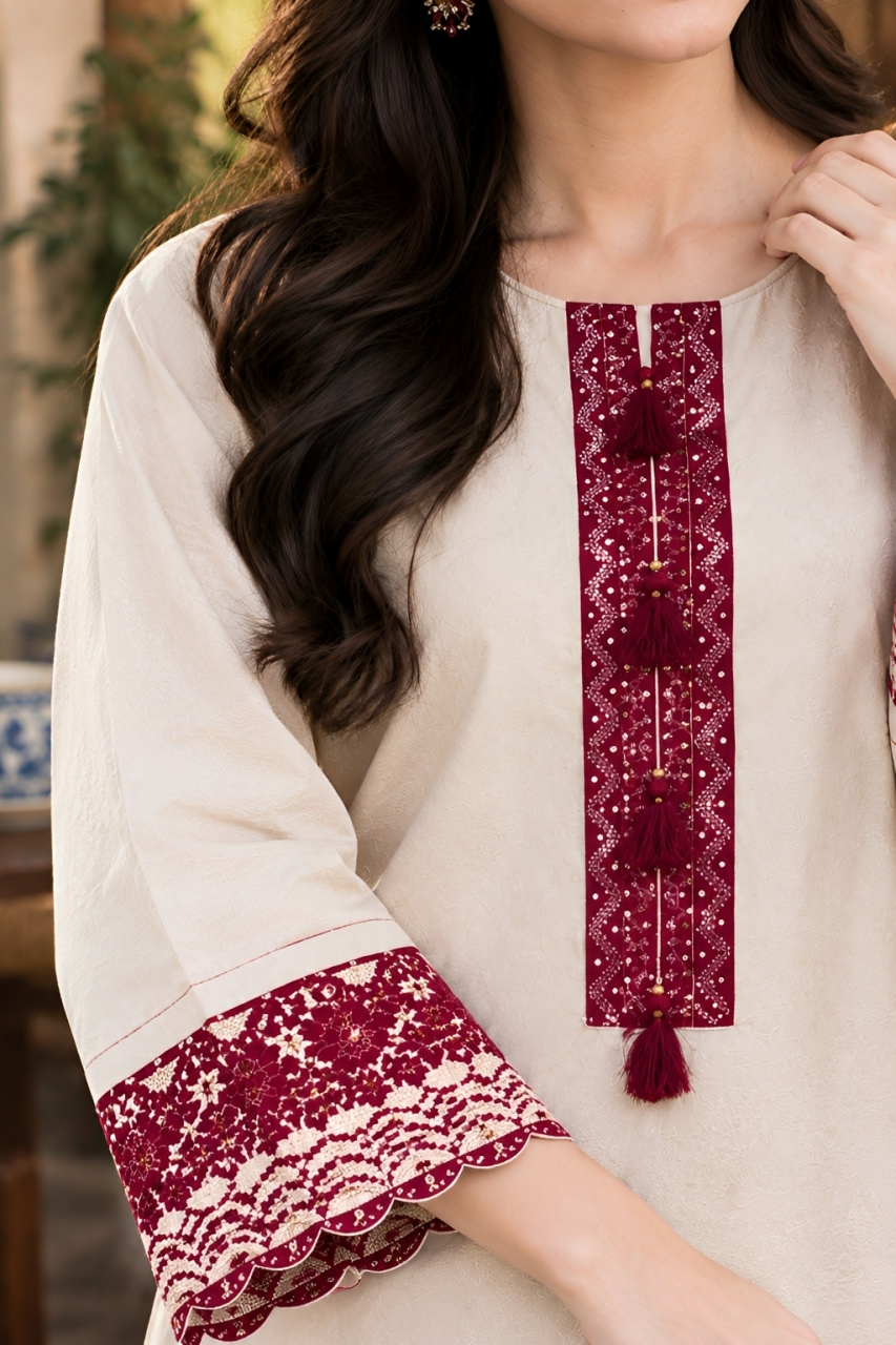 Ivory Elegance – Maroon Embroidered 2-Piece Stitched Suit | Hala.S Clothing