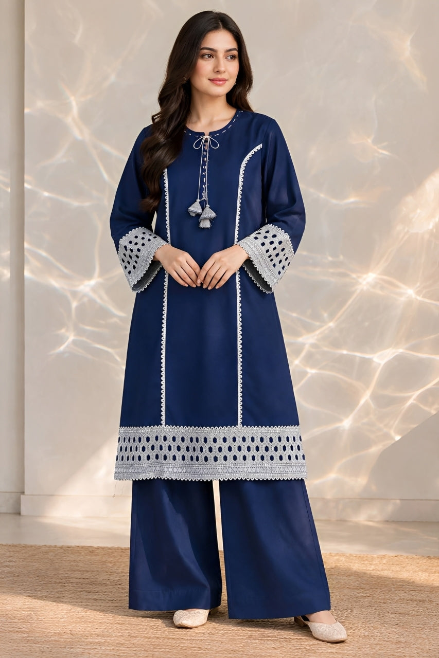 Midnight Navy – White Schiffli Lace 2-Piece Stitched Suit | Hala.S Clothing