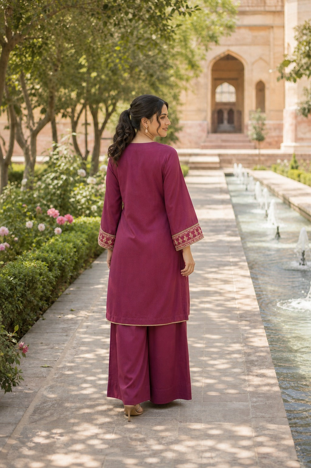 Noor Ensemble – Plum Magenta Gold Zari Embroidered 2-Piece Stitched Suit | Hala.S Clothing