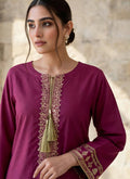 Noor Ensemble – Plum Magenta Gold Zari Embroidered 2-Piece Stitched Suit | Hala.S Clothing