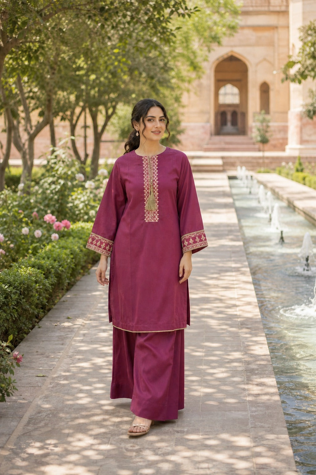 Noor Ensemble – Plum Magenta Gold Zari Embroidered 2-Piece Stitched Suit | Hala.S Clothing
