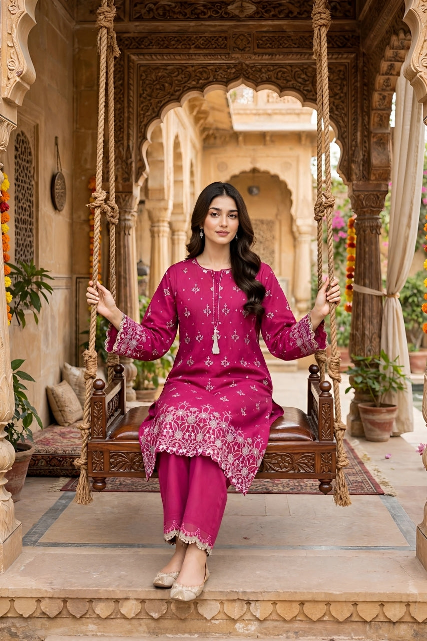 Heritage Fuchsia – White Chikan Embroidered 2-Piece Stitched Suit | Hala.S Clothing