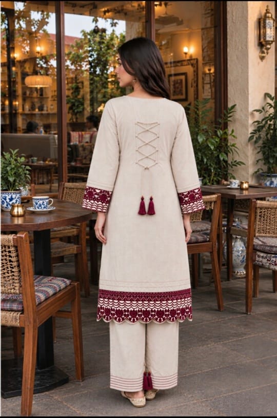 Ivory Elegance – Maroon Embroidered 2-Piece Stitched Suit | Hala.S Clothing