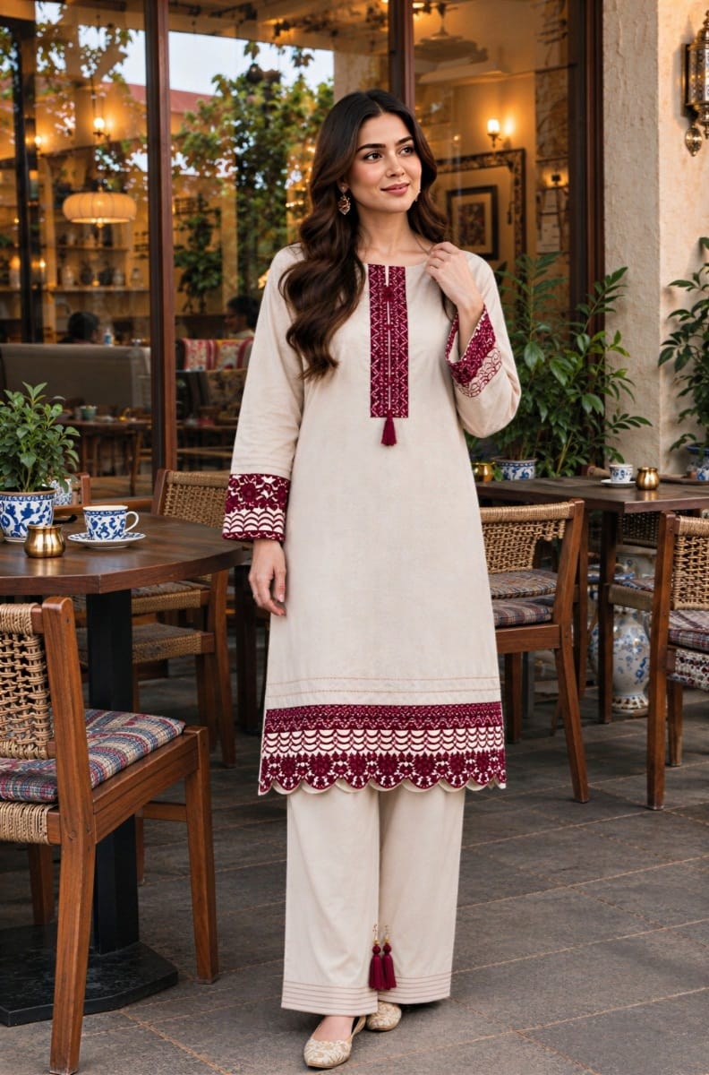 Ivory Elegance – Maroon Embroidered 2-Piece Stitched Suit | Hala.S Clothing